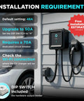 Tesla NACS Level 2 EV Charger Hardwired 48A 11.5kW 240V installed on outdoor wall with 25ft cable shown, WiFi and dip switch details.