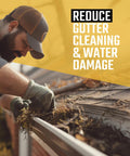 Person cleaning gutter to reduce water damage with text overlay "Reduce Gutter Cleaning & Water Damage"