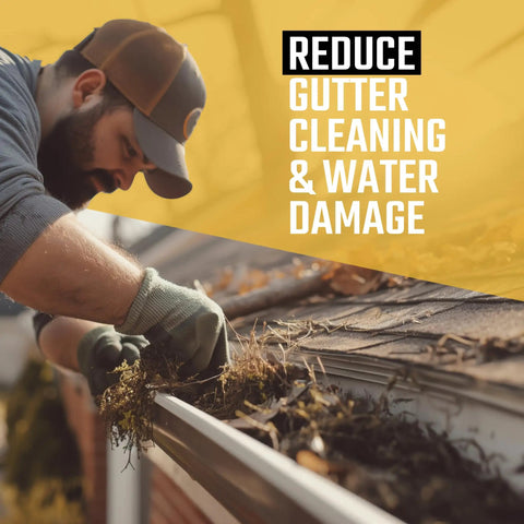 Person cleaning gutter to reduce water damage with text overlay "Reduce Gutter Cleaning & Water Damage"