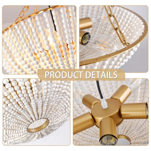 Close-up details of Five Light 20 Inch Boho Wood Beaded Chandelier For Dining Room And Living Spaces Dimmable Coastal Farmhouse Ceiling Light Fixture Bristol Style Bead Pendant Ceiling Light For Bedroom Hallway Entryway