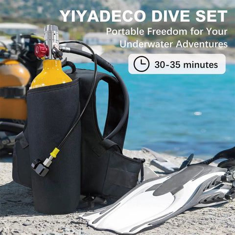 2L Scuba Tank Kit With Backpack And Regulator Portable Mini Dive Cylinder Set on a beach, featuring 2L aluminum DOT 3AL certified tank.