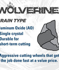 Wolverine grain type info, aluminum oxide, single crystal, durable; aggressive cutting wheels, fast, value price.