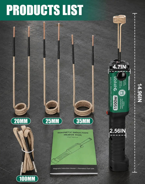Heavy Duty 1500W 110V Induction Heater Bolt Removal Kit Featuring Four Coils and magnetic tool with user manual on table.