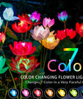 Solar Lotus Flower Lights 4 Pack For Garden And Patio Outdoor Yard Decor 7 Color Changing Lamps glowing in multiple colors at night