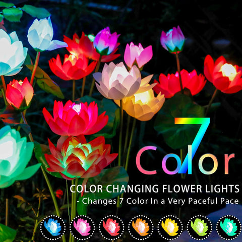 Solar Lotus Flower Lights 4 Pack For Garden And Patio Outdoor Yard Decor 7 Color Changing Lamps glowing in multiple colors at night