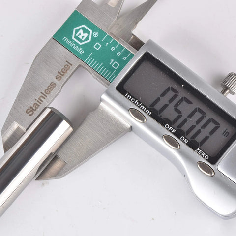SpeTool 3-flute carbide end mill, 1/2 in shank, extra-long 4 in, shown with digital caliper for scale