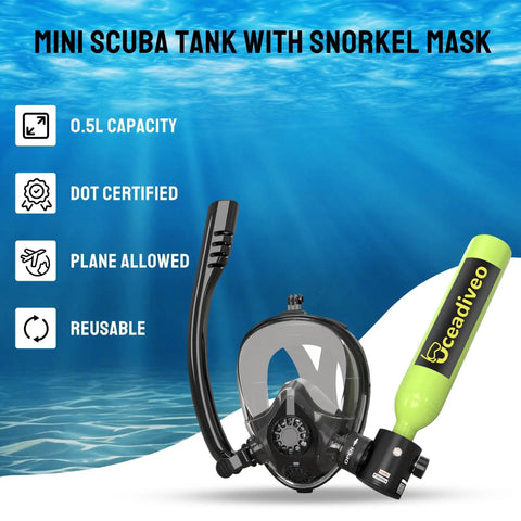 0.5L Mini Scuba Tank With Pump And Full Face Mask For Snorkeling And Shallow Water Exploration, Reusable Pony Bottle Kit.