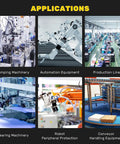 Collage of industrial applications including stamping machinery, automation equipment, production line, and conveyor handling.