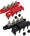 Heavy Duty 3/8 Inch 4 Stud Bus Bar Power Distribution Block in red and black with nickel plated brass contacts and covers.