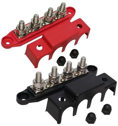 Heavy Duty 3/8 Inch 4 Stud Bus Bar Power Distribution Block in red and black with nickel plated brass contacts and covers.