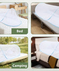 Extra Large Bed Tent With Built In Mesh Net Bottom 78 By 32 By 22 Inch Portable Foldable Camping Net shown in bed, office, camping, hotel settings