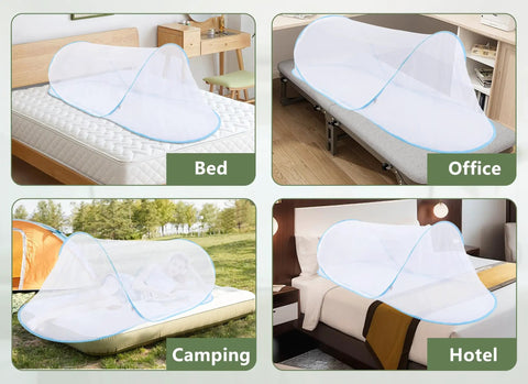 Extra Large Bed Tent With Built In Mesh Net Bottom 78 By 32 By 22 Inch Portable Foldable Camping Net shown in bed, office, camping, hotel settings