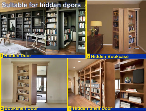 Badass Heavy Duty Hidden Door Hinge Built Different With Solid Alloy Steel Core supports a hidden bookshelf door in a stylish room.