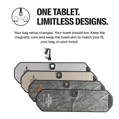 Ultimate Golf Towel With Built In Scrub Core Pad And Quick Release Magnetic Tablet For Safe Groove Cleaning Premium Microfiber Club Cleaner Kit In Sandy Breakfast Club Camouflage And Orange showing interchangeable designs