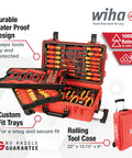 Insulated Electrician Tool Set 80 Piece Pro Grade Kit With Screwdrivers Pliers Sockets Nut Drivers And Wire Strippers In Rolling Case 1000V Rated 10000V Tested Heavy Duty Gear For Real World Job Sites with open case view of tools