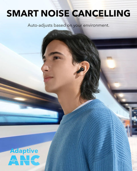 Man wearing Adaptive Noise Cancelling Wireless Earbuds With Hefty Bass Up To 60 Hour All Day Playtime in a train station