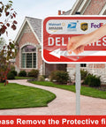 Stress Free Rust Proof Aluminum Delivery Sign With Bold Left Arrow Sturdy 28 Inch Ground Stake in residential setting.
