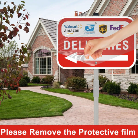 Stress Free Rust Proof Aluminum Delivery Sign With Bold Left Arrow Sturdy 28 Inch Ground Stake in residential setting.