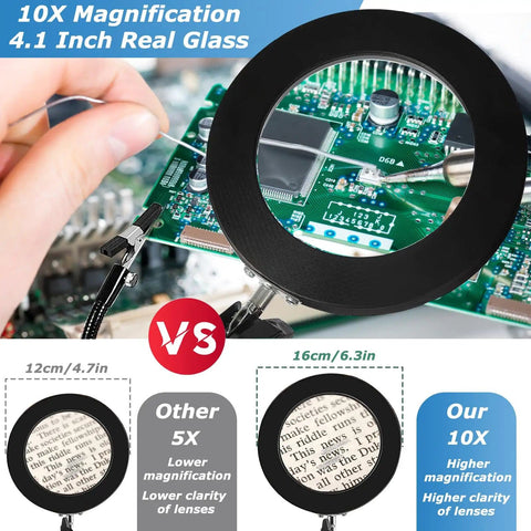 All In One Soldering Station Kit With 10X LED Magnifier Lamp and Lighted Glass Stand showing circuit board close-up