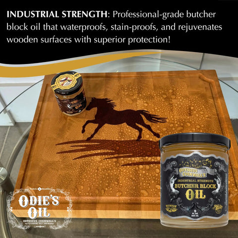 Jar of Industrial Strength Butcher Block Oil for Cutting Boards and Countertops on wooden surface with horse design.