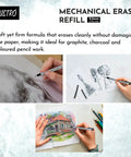 Pro Grade Mechanical Retractable Eraser With 2.3mm Ultra Fine Tip, 5 Refills And Plastic Holder used on drawings and sketches.