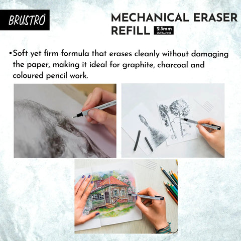 Pro Grade Mechanical Retractable Eraser With 2.3mm Ultra Fine Tip, 5 Refills And Plastic Holder used on drawings and sketches.