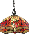 Stained Glass Pendant Light With Red Dragonfly Jewels, 14 Inch Wide Old School Vintage Look For Dining Room Kitchen Living Room