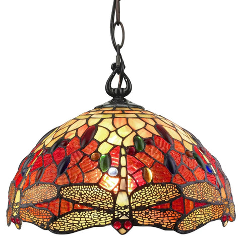 Stained Glass Pendant Light With Red Dragonfly Jewels, 14 Inch Wide Old School Vintage Look For Dining Room Kitchen Living Room