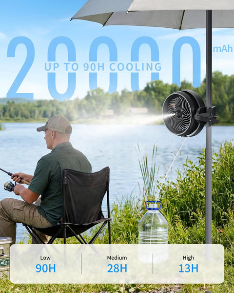 Eight Inch Portable Misting Fan With Secure Clip Mount Heavy Duty Battery Operated Cooling Setup, outdoor setup by a lake.