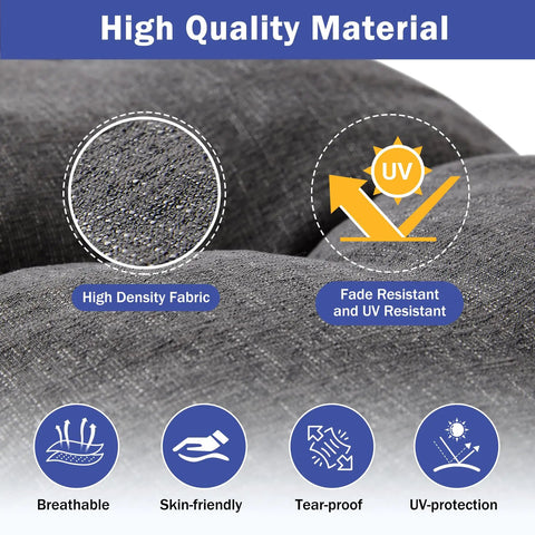 Close-up of dark grey bench cushion material showing high density fabric and UV resistance with icons for features.