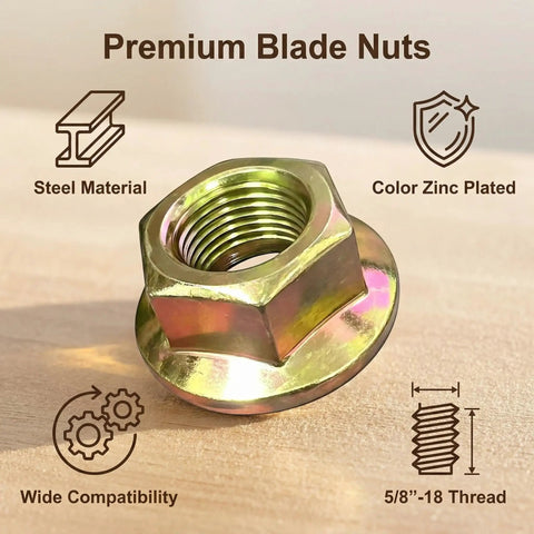Top Shelf Drop In Lawn Mower Spindle Blade Nut Hex Flange Fastener 5/8-18 thread steel nut with zinc plating.