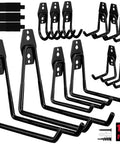 Heavy Duty Garage Tool Hook Set, 15-Piece Wall Mount Organizer hangers shown with various sizes, black steel design for tool storage.