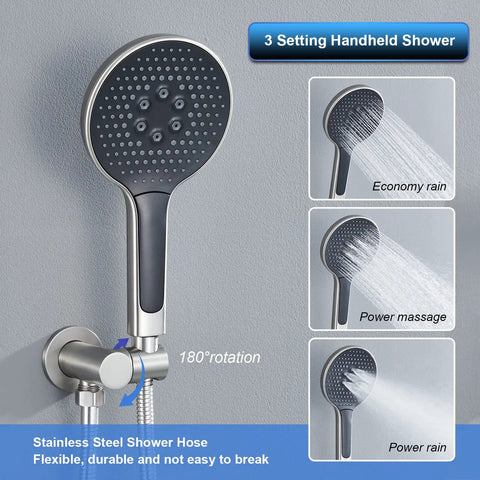 Dope 10 Inch Rain Shower Head Combo System With Wall Mounted Brushed Nickel Finish handheld shower settings display