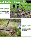 Double Sided Lawn Thatch Rake, 51 Inch Heavy Duty Metal Rake with 21 Teeth in use for dead grass removal and soil leveling
