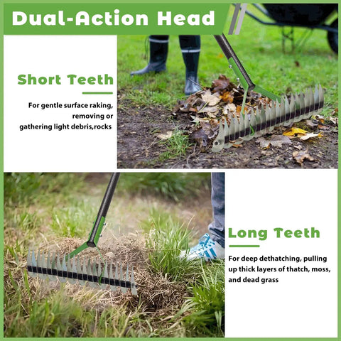 Double Sided Lawn Thatch Rake, 51 Inch Heavy Duty Metal Rake with 21 Teeth in use for dead grass removal and soil leveling