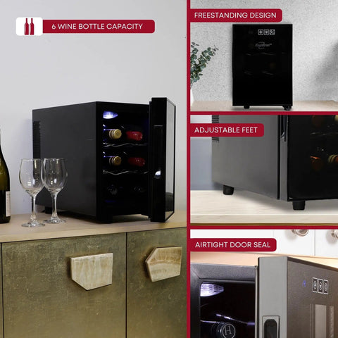 Six Bottle Wine Fridge With UV Protective Glass Door And Soft Interior Lighting Freestanding Beverage Cooler On Counter