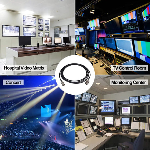 Collage showing applications of BNC Male To Female Extension Cable 16 Ft RG174 50 Ohm for SDI Video CCTV systems and more.