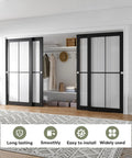 Bypass Double Sliding Pocket Door Hardware Kit 12Ft For 4 Door System Aluminum Track With Soft Glide Ball Bearing Rollers Quiet Operation Easy Install shown installed in a wardrobe closet