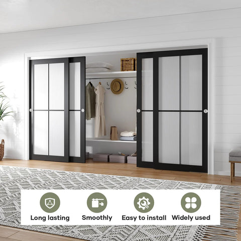 Bypass Double Sliding Pocket Door Hardware Kit 12Ft For 4 Door System Aluminum Track With Soft Glide Ball Bearing Rollers Quiet Operation Easy Install shown installed in a wardrobe closet