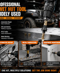Heavy Duty Rivet Nut Tool Kit For M3 Through M12 77 Piece Carbon Steel Threaded Insert Set shown in use for metal fabrication.