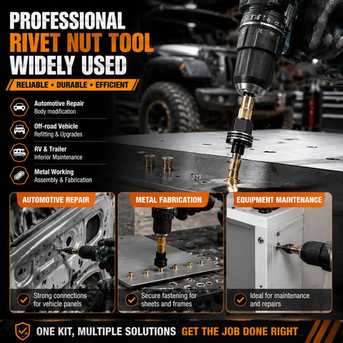 Heavy Duty Rivet Nut Tool Kit For M3 Through M12 77 Piece Carbon Steel Threaded Insert Set shown in use for metal fabrication.