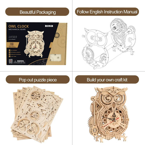 Owl 3D Wooden Puzzle Clock Kit For Adults And Kids Desk Clock Model For Home Decor With Mechanical Quartz Movement Silent Timekeeping Built In Timer No Glue Needed Battery Powered AA Not Included An Awesome Gift For Birthday Or Christmas. box with wooden owl clock parts and finished assembled clock