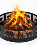 36 Inch Heavy Duty Wood Burning Fire Pit Ring With Decorative Wildlife Design for backyards and bonfires, showing steel insert with flames