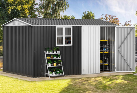 Large 12 By 8 Foot Outdoor Tool Shed With Window And Lockable Doors Sloped Roof Weatherproof Steel Garden Storage