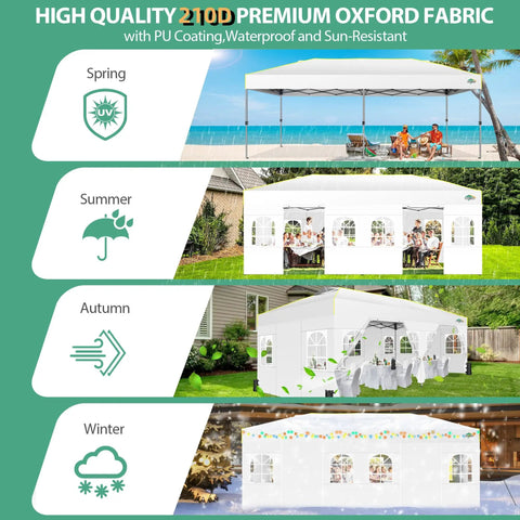10x20 Pop Up Canopy Shelter With Six Sidewalls No Fuss One Push Setup Waterproof UPF 50 Gazebo with seasonal uses shown