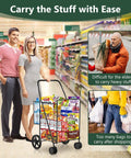 Jumbo Folding Shopping Cart On Swivel Wheels With Dual Basket in grocery store, filled with groceries, easy to push.
