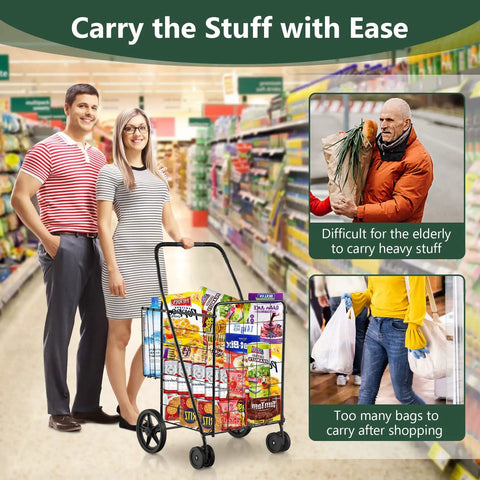 Jumbo Folding Shopping Cart On Swivel Wheels With Dual Basket in grocery store, filled with groceries, easy to push.