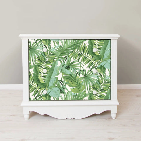 Maui Peel And Stick Wallpaper With Green Tropical Leaf Pattern Removable Contact Paper For Walls on white furniture