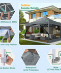 10x15 Heavy Duty Pop Up Canopy Tent With Sidewalls, Waterproof, No Fuss Setup, Gray, shown in backyard with furniture, mosquito netting visible
