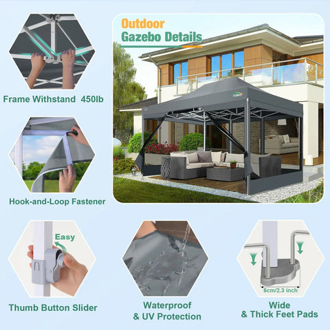 10x15 Heavy Duty Pop Up Canopy Tent With Sidewalls, Waterproof, No Fuss Setup, Gray, shown in backyard with furniture, mosquito netting visible